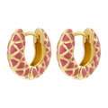 Gold-plated U-shaped hoop earrings with pink enamel pattern and hollow geometric design - Pink