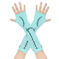 Light blue knit fingerless gloves with black stitched patterns for Sally cosplay - Mint Blue/Black Stitch (Gloves)