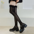 Lolita style black hollow lace over-the-knee socks paired with platform leather shoes - Over-the-knee Heart Style / Black