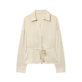 Elegante cremefarbene Satinbluse mit Langarm, Reverskragen und Taillenbindung - XS / Gebrochenes Weiß