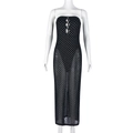 Detail of black strapless dress with sequins and sheer diamond mesh skirt - S / Black