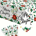 Merry Christmas tablecloth with poinsettia flowers and holly leaves print on white background - 152cm*220cm / White/Poinsettia/Holly Merry Christmas Print