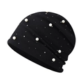 Elegant black knit beanie for women with white pearls and silver studs for winter warmth - Pearl Decor / Black