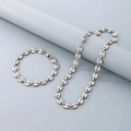 Silver stainless steel coffee bean link necklace and bracelet set on grey background - 9mm Silver / Bracelet 18CM