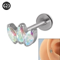 Marquise opal labret earring made of solid G23 titanium with three iridescent stones - Silver/Rainbow Stone