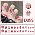 Cute red gradient press-on nails set featuring pearl, bow, and bear 3D charms, 24 pieces - D099 (Glue Type)