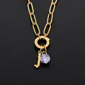 Gold stainless steel chain necklace with lowercase letter J and lavender crystal stone - Lowercase j