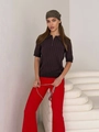 Polo en maille marron foncé pour femme avec demi-zip et manches courtes en jacquard - S / café