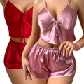 Seidiges Satin-Pyjama-Set für Damen mit dunkelroten und hellrosa Camisole-Shorts - S / Rot und Rosa 2-Teiler Set