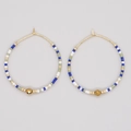 Bohemian seed bead hoop earrings featuring dark blue, white, and sage green beaded finish - Sage Green with Bead (MI-E220217B)