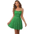 Sparkling green sequin mini dress for women with thin straps and a slim A-line cut - US 2 / Green
