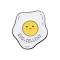 Cartoon fried egg enamel pin with smiling yolk and EGG-CELLENT text on white background - Fried Egg (XZ9790)