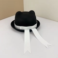 Schwarzer Wollfilz-Bowler mit Katzenohren im japanischen Stil und weißem Banddetail - Erwachsene Einstellbar M / Schwarz Mit Katzenohren Weißer Schleife