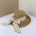 Straw sun hat with cream polka dot ribbon bow, stylish wide brim for beach vacation - Light Coffee