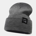 Winter rib-knit dark grey beanie hat featuring dual heart embroidery and warm cuff - One Size / Heart Label Style / Dark Heather Grey