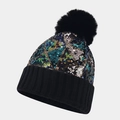 Detailed close-up of colorful sequins and black knit texture on a winter beanie hat - Black
