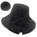 Women's black sun hat with large brim and decorative bow tie for beach UV protection - M (56-58cm) / Black Regular