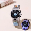 Kids cartoon astronaut watch with grey silicone strap and blue LED glowing function - Black
