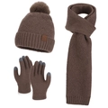 Winter 3-piece set with knitted beanie, scarf and touch gloves in dark brown finish - Khaki