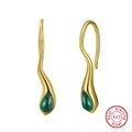 S925 sterling silver gold-plated hoop earrings with green turquoise teardrop pendants - Green Gem Spiral Hook - Gold