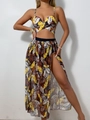 Detailed view of 3-piece tropical leaf bikini set with a matching sheer slit maxi skirt - S / Yellow