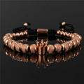 Rose gold crown pendant bracelet with textured beads and adjustable black woven cord - Rose Gold Crown-6MM