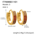 Detail view of gold stainless steel hoop earrings with double row gradient pink zircons - Red Zirconia Earrings - Large