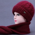 Women's wine red thick knitted hat and scarf set with soft warm fur texture - Beanie Hat and Scarf Set / Burgundy