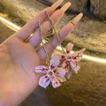 Elegant gold branch and pink flower drop earrings with a long romantic nature style design - Gold-Pink (925 Silver Needle)