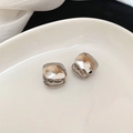 Silver square twisted stud earrings with irregular hammered texture on ceramic tray - 49# Silver Earring Post - Silver - Hammered Rhombus - Huggie