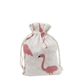 Detail of flamingo print drawstring cotton bag with rustic linen texture and pink pattern - 10*14cm / White Flamingo