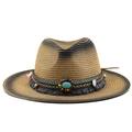 Classic bohemian straw cowboy hat with turquoise beads and tassel decoration - M (56-58cm) / Tan Gray Black Gradient (03)