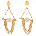 Elegant gold fringe tassel earrings featuring a pink agate stone and geometric triangle - Pink Agate (KDE533)