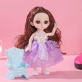 Articulated doll with curly brown hair wearing a purple floral lace dress and white shoes - Purple Mesh Dress Girl