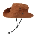 Brown wide brim outdoor sun hat with adjustable chin strap and breathable side vents - One Size / Caramel color