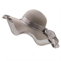 Elegant grey wide-brim straw sun hat with mesh wavy edge and ribbon bow decoration - Gray