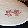 Elegant gold earrings featuring multi-layered pink crystal flower petals on white tray - 6# Steel Pin Pink Rhinestone Flower Stud Earrings