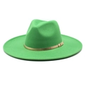 Detail of bright green wool fedora with a 9.5cm wide brim and golden buckle band - M (56-58cm) / Grass Green