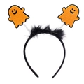 Detail of Halloween headband featuring spring-mounted orange felt ghosts and black feathers - 70# Feather Ghost