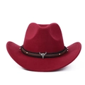 Burgundy wide brim western cowboy hat with vintage metal bull head skull accessory - M (56-59cm) / Wine Red With Bull Skull
