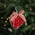 Plush strawberry Christmas ornament with red fabric, white polka dots and linen bow - Heart Strawberry Style