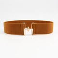 Detail view of the yellow elastic waist belt featuring a gold-toned metal hook buckle - Camel