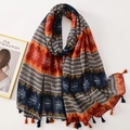 Ethnic geometric print scarf in orange and navy with fringe tassels and soft linen texture - C1214 Ethnic Wave Totem