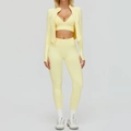 Ensemble de yoga 3 pièces jaune pâle sans couture avec legging et veste côtelés - S / Haut Et Bas / Jaune crème