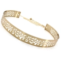 Detailed view of golden hollow floral metal belt with adjustable chain and ball charm - 3.5CM Hollow Floral Style / 80-100cm / Gold