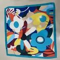 Square silk-feel scarf featuring vibrant abstract floral prints and a dark cyan border - Blue-edged Sunflower Square Scarf / 65