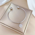 Macro detail of silver titanium steel bangle with Roman numeral zircon pendant - Silver (N426 Silver)