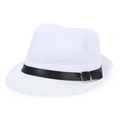 White breathable mesh fedora hat with black faux leather band and silver buckle accessory - One Size / White