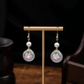 Chinese style long tassel drop earrings with pink flowers and white pearl beads - Pink Flower Cyan Enamel Base Style (E1665-2)