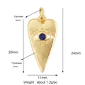Golden elongated heart Evil Eye pendant with blue stone and size markings on white background - Gold Heart Blue Gem